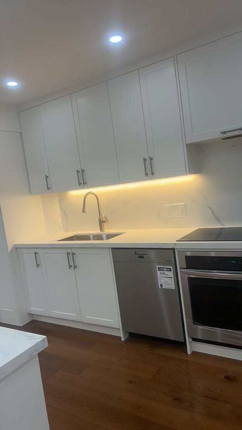 Whole house renovation with dark flooring and light kitchen in Room 231