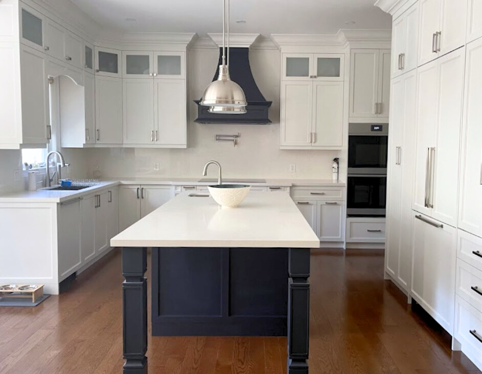 North York white kitchen renovation with custom drawers and quartz countertop