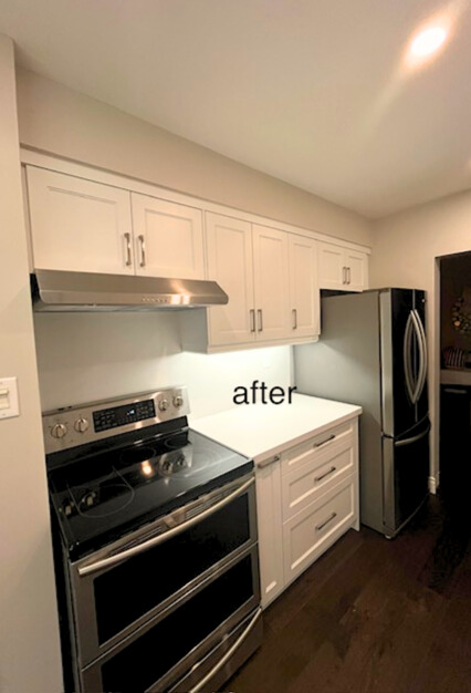 Scarborough kitchen renovation with white cabinets and dark engineered wood flooring