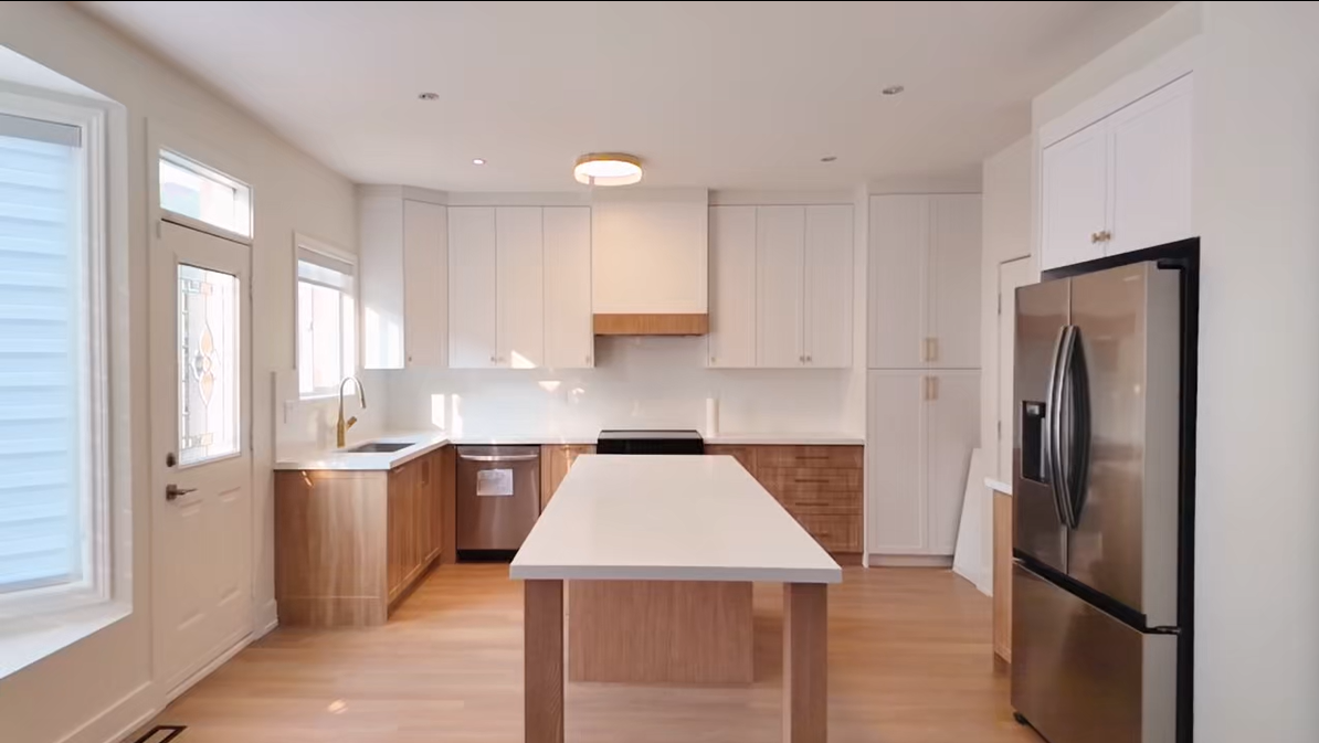 38 Woodbridge kitchen renovation with wood-tone cabinets and floating white cabinetry